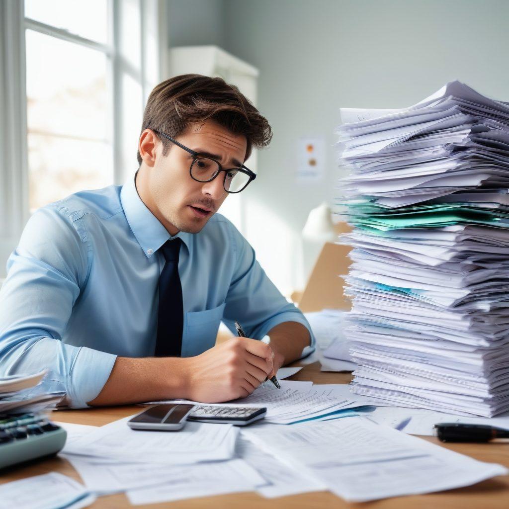 A split image showcasing a stressed individual surrounded by piles of paperwork on one side, and on the other side, a tranquil person happily discussing insurance options with a professional. Incorporate elements like a calculator, insurance documents, and light bulbs representing ideas. The color scheme should convey calmness and clarity, focusing on blues and greens. super-realistic. vibrant colors. white background.