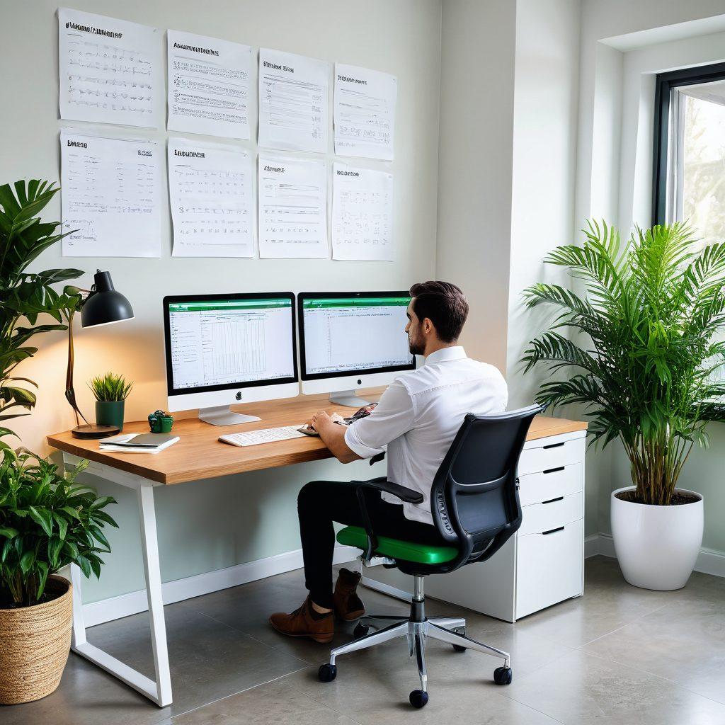 An engaging visual depicting an individual sitting at a computer, analyzing multiple insurance quotes displayed on the screen. Incorporated elements like dollar signs, calculators, and a notepad filled with notes, emphasizing the theme of comparison and savings. The background features a bright office setting with plants for a relaxed atmosphere, promoting a sense of organization and clarity. super-realistic. vibrant colors. white background.