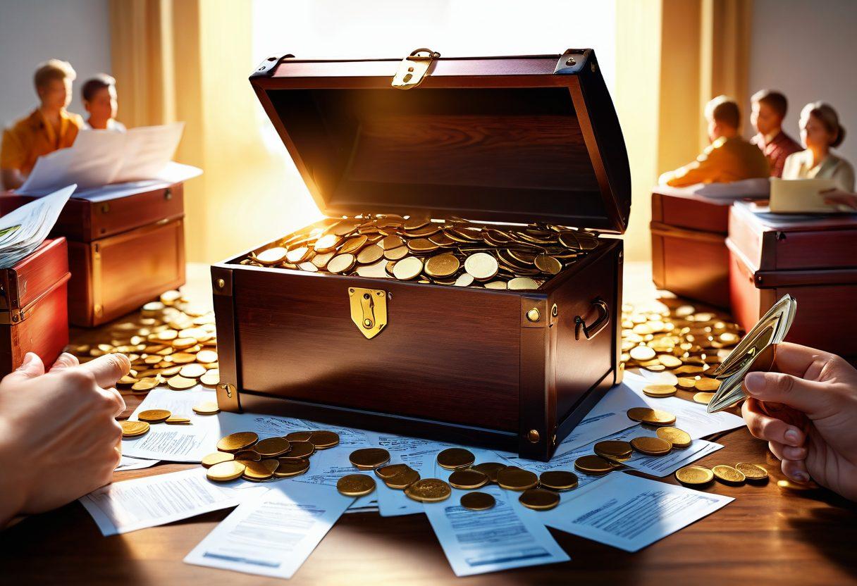A vibrant illustration featuring an open treasure chest overflowing with gold coins and insurance policy documents, symbolizing valuable deals. In the background, diverse people of different ages and backgrounds are discussing and comparing insurance options at a bright, modern marketplace. Sunlight streams in, creating an inviting atmosphere. super-realistic. vibrant colors. white background.
